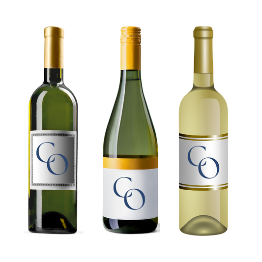 a collection of club overstock white wine bottles